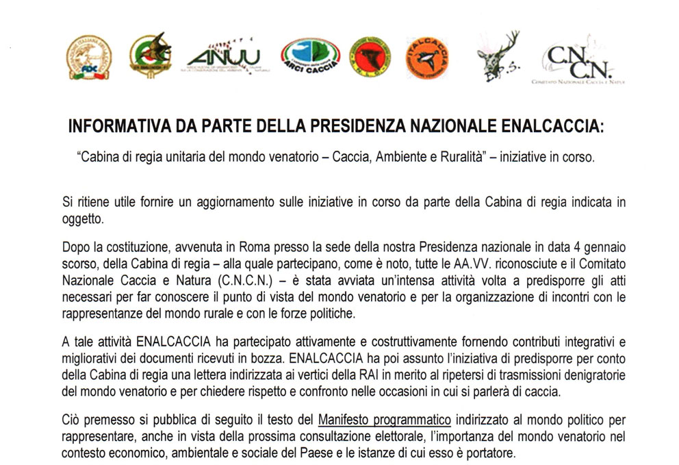 INFORMATIVA DA PARTE DELLA PRESIDENZA NAZIONALE ENALCACIA