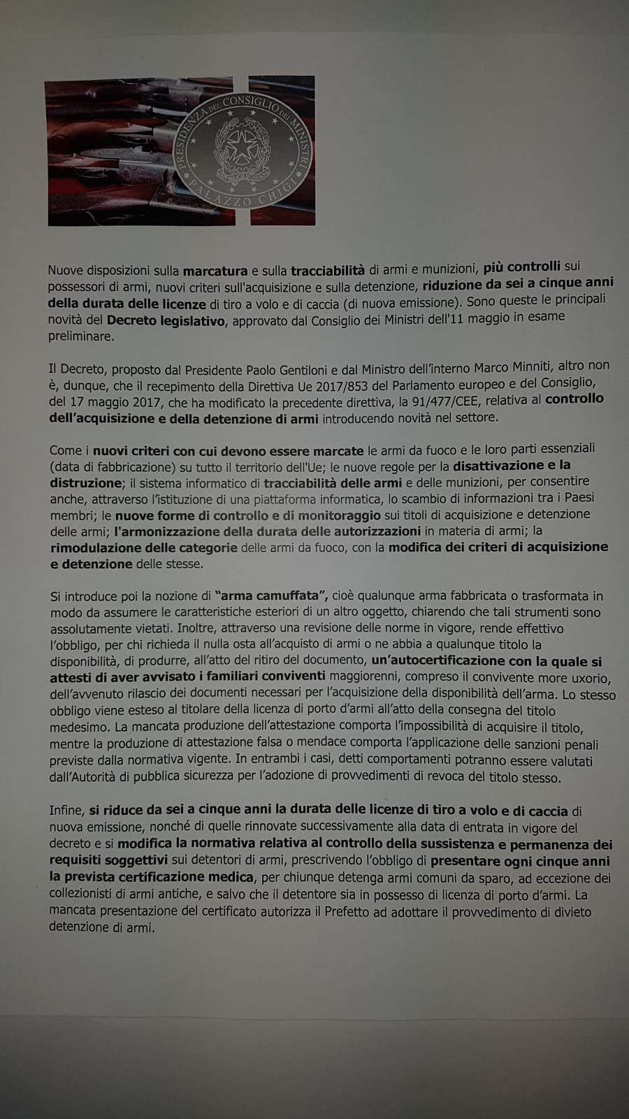 Nuove disposizioni su armi e munizioni